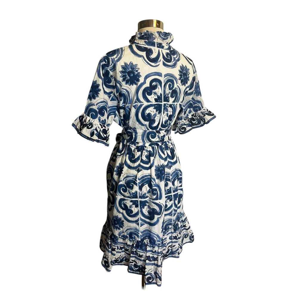 Uncle Frank Tile Pattern Dress Size Small Blue White Ruffle Collar Belted - Picture 3 of 10